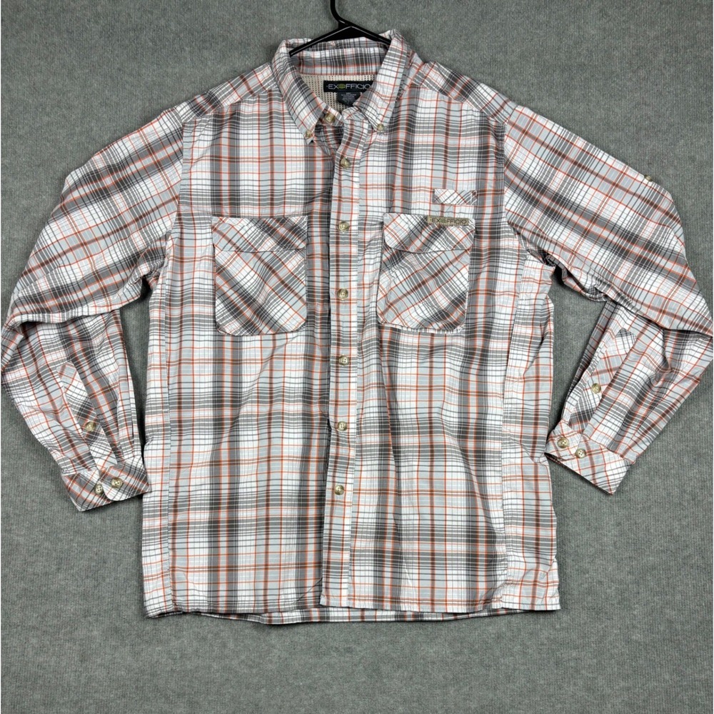 ExOfficio Air Strip Plaid Button Up Shirt Ventilated Hiking Mens Large Orange